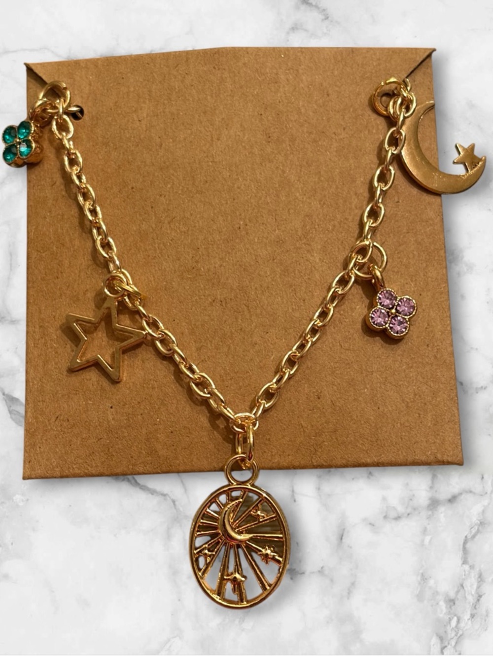 Gold Celestial Charm Necklace with Pink & Teal Accents
